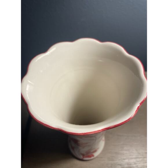 Hand Painted Red Floral Scalloped Rim Vase Crackle Glaze Ceramic - Picture 5 of 7